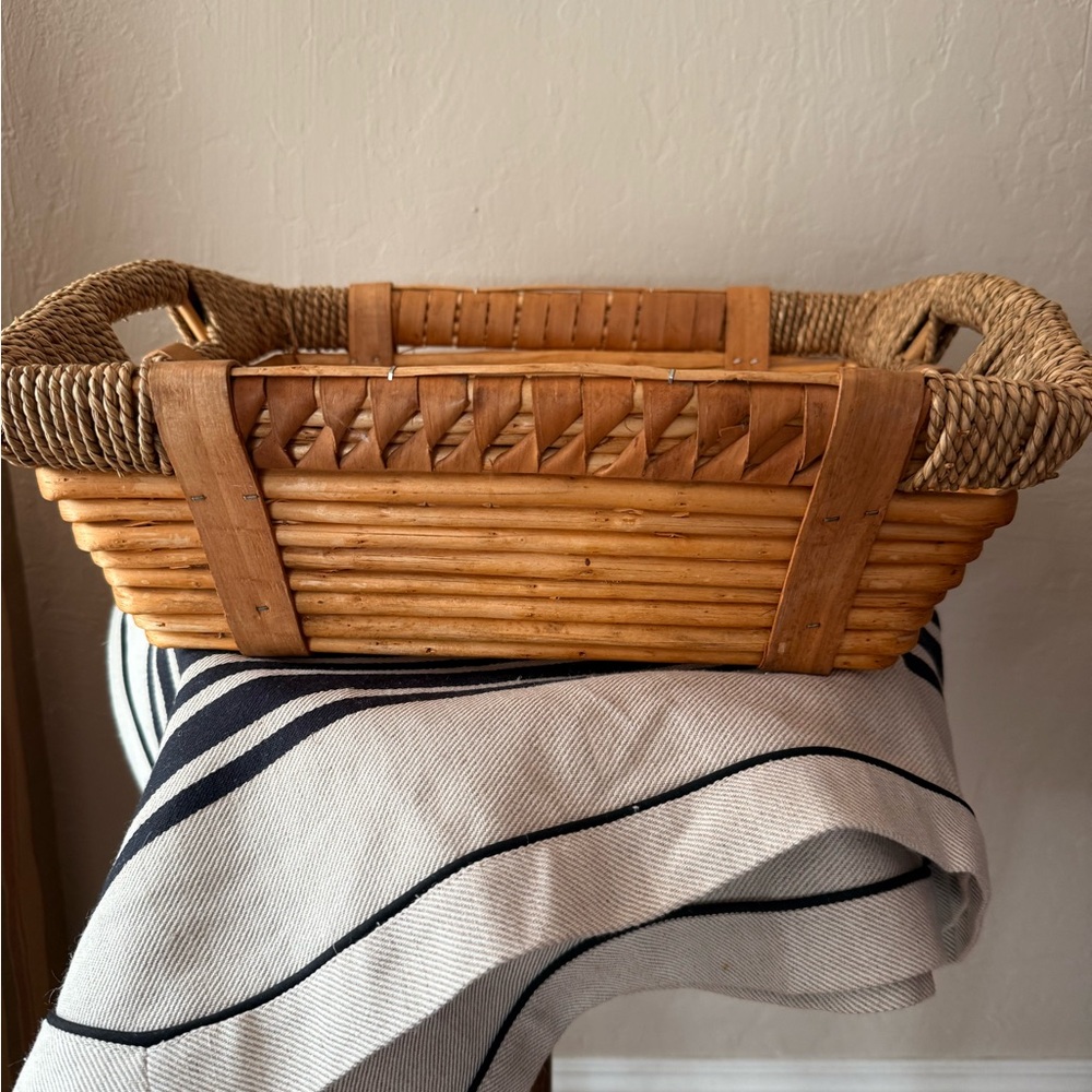 Vintage Wicker and Wood Woven Basket Medium Size with Handles - Picture 1 of 13